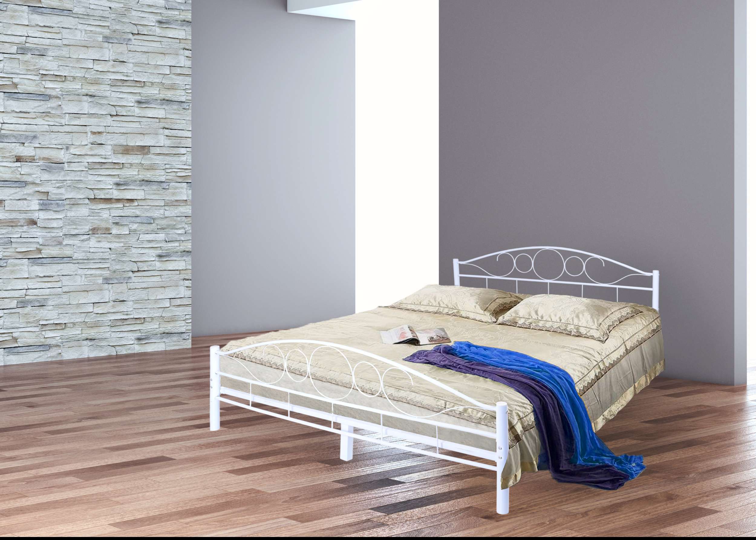 Łóżko metalowe ze stelażem podwójne 140x200 cm Model: ARRIGO Kolor: biały